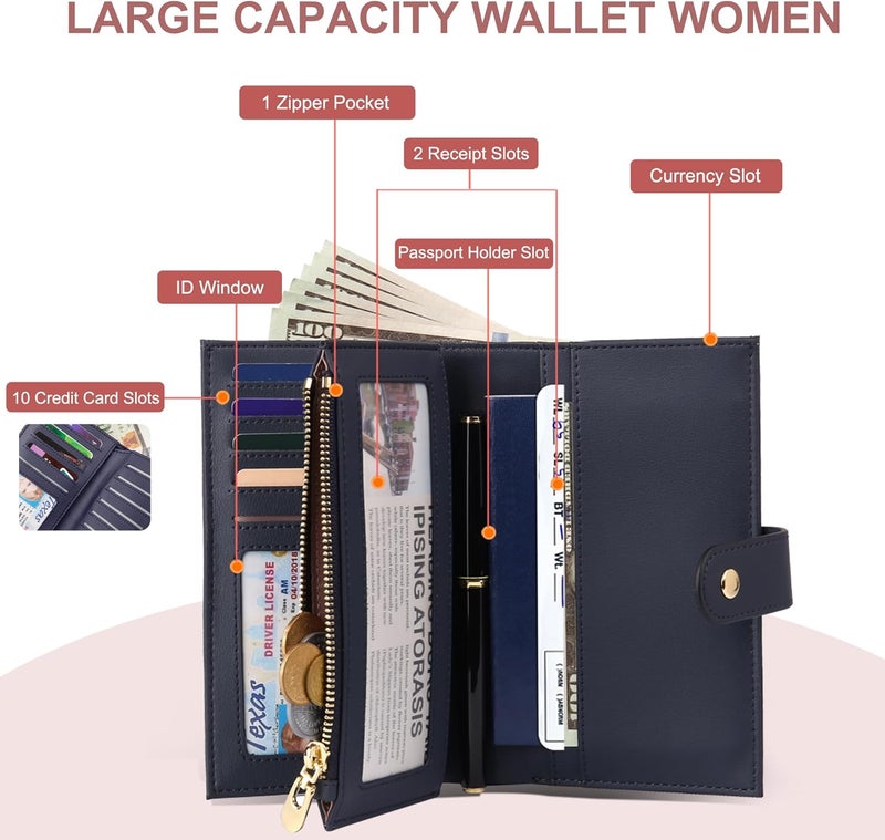 yiijay Wallet for Women RFID Blocking Leather Trifold Clutch Wallet Credit Card Holder Ladies Travel Wallet Purse with Pen Holder - Image 2